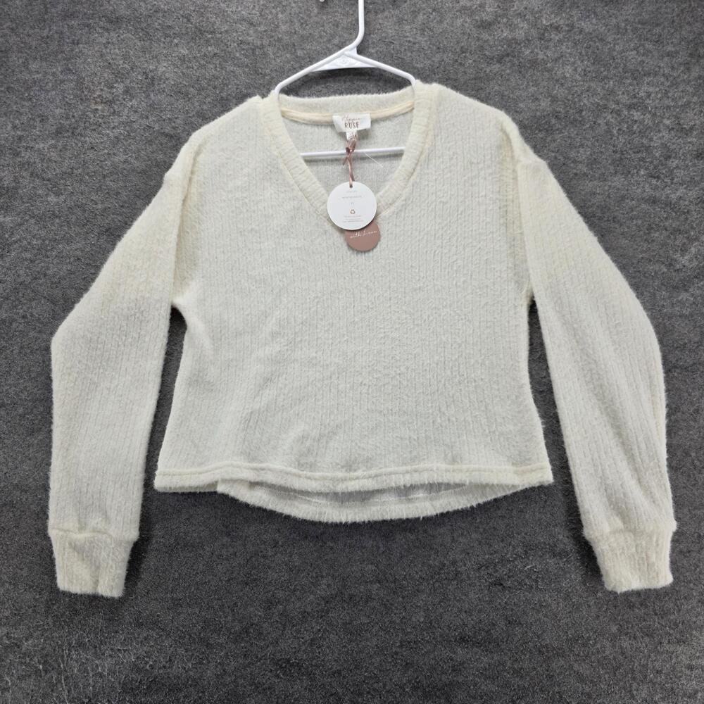 Hippie Rose Sweater Pullover Womens XS White Open-Knit V-Neck Collarless Relaxed